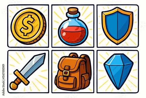 Colorful rpg game icons set: coin, potion, shield, sword, backpack, gem