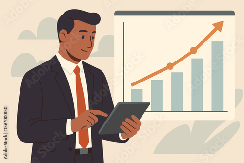Businessman using a tablet for data analysis. Financial advisor analyzing sales and economic growth graph. Concept for market research, investment strategy, and business success.