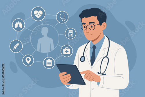 Cardiologist doctor analyzing patient data on a tablet. Modern healthcare technology concept with virtual screen, network icons. Telemedicine, electronic health record, online diagnosis.
