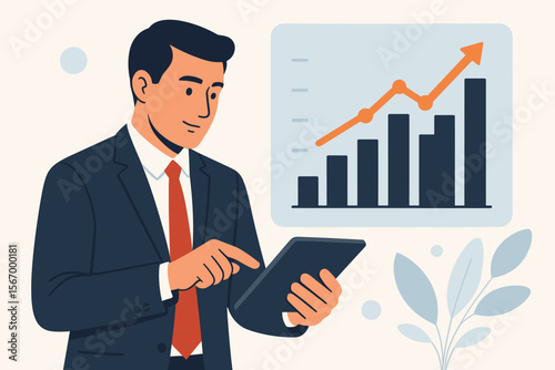 Businessman using tablet analyzing sales data, financial growth, economic graph chart, and market success. Modern flat vector illustration for business analysis and corporate strategy planning