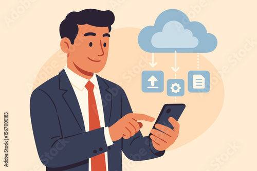 Businessman using smartphone for cloud computing and data management. Man working with phone, accessing online storage, uploading, and downloading files. Cloud technology flat vector illustration.