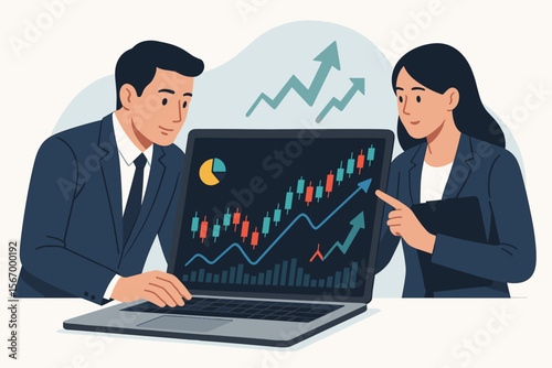 Businesspeople analyzing stock market data on laptop. Financial investment concept with trader team discussing online forex trading strategy with candlestick chart and bullish graph.