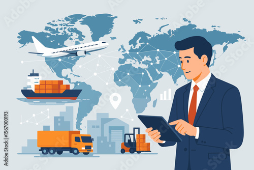 Businessman using tablet managing global logistics supply chain. Concept of transportation network with cargo ship, airplane, and truck for import export business and distribution.