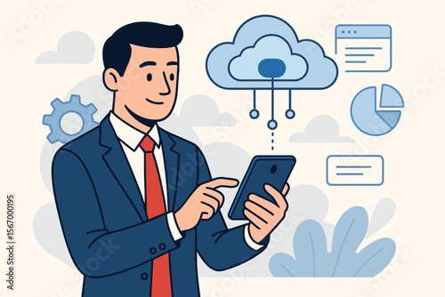 Businessman using smartphone for cloud computing, data analysis, and synchronization. Professional manager working with mobile technology for online data storage and server access.