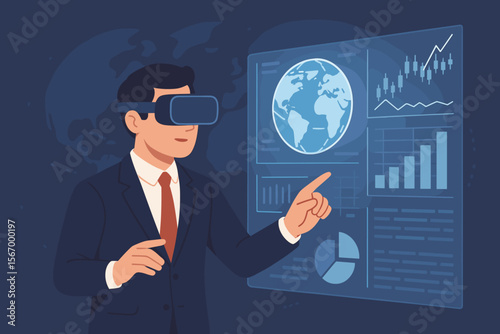 Businessman using virtual reality glasses analyzing financial data on a holographic display. Metaverse concept with stock market charts, global network and business analytics.