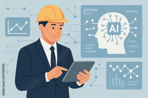 Engineer manager with hard hat using a tablet to control an AI system. Concept of Industry 4.0, smart factory, data analytics, and automation. Digital transformation illustration.