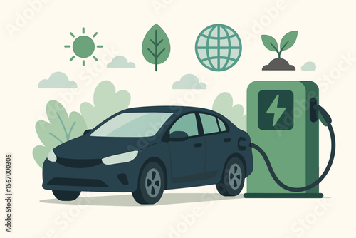 Energy car concept with an electric car being charged at a battery station. Sustainable, environment friendly transport with green energy icons. Modern flat vector cartoon illustration.