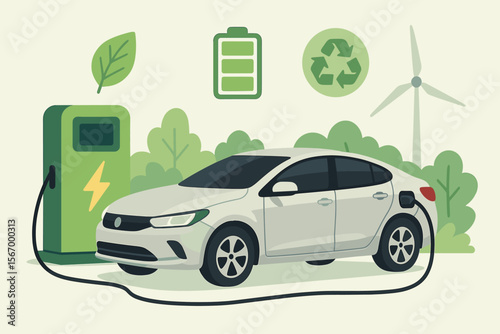 Electric car charging at station with green energy icons. EV concept with wind turbine, battery, and recycle symbol. Sustainable transport, eco friendly technology vector illustration.