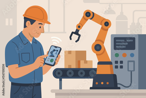 Smart factory automation concept. Engineer using a smartphone application to control a robotic arm on a conveyor belt. Industry 4.0, IoT, and modern manufacturing technology vector illustration.