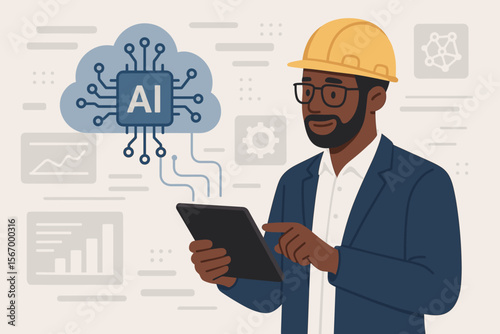 Industrial engineer or manager uses a tablet with an AI cloud computing system. Smart industry 4.0 technology, data analysis, and automation concept. Black male professional vector.