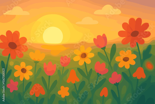 Dreamy flower field at sunrise vector illustration. Peaceful spring meadow landscape with soft focus and blurry background. Modern flat cartoon nature concept with vibrant sun light.