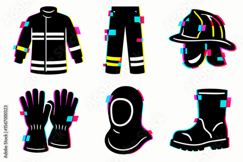 Firefighter gear icons with coat, pants, helmet, gloves, balaclava, and boots