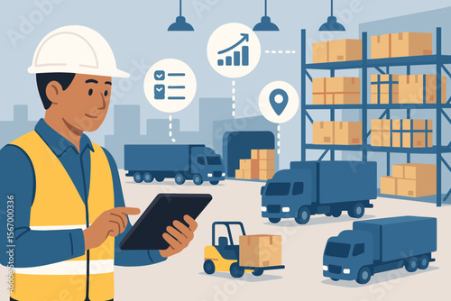 Warehouse manager with tablet for logistics and supply chain management. Smart inventory control system, delivery tracking, and transportation optimization with trucks and forklift.
