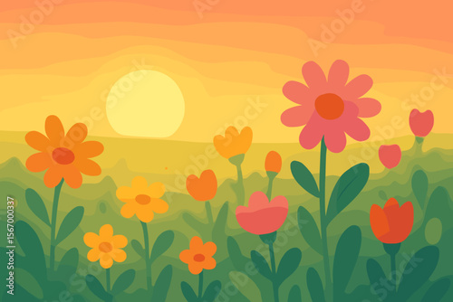 Vibrant flower field at sunrise vector illustration. Modern flat cartoon landscape with soft focus and blur. Dreamy spring or summer meadow background with a golden hour glow.