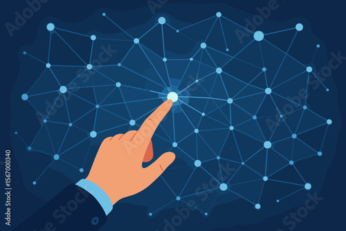 Businessman finger touching a glowing node on a futuristic network. Concept of technology, internet connection, AI, data science, innovation, and global communication.