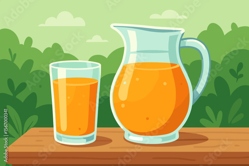 Glass and pitcher of fresh orange juice on a wooden table. Summer picnic or breakfast outdoors concept with a green nature background. Healthy refreshing drink. Cartoon vector illustration.