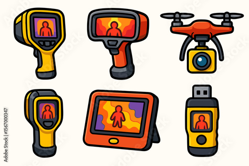 Cartoon thermal imaging devices and drone illustrations
