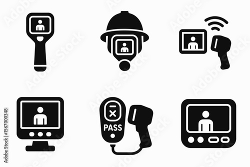 Black and white security equipment icons with monitors and scanners