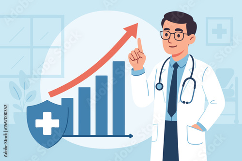 Health insurance and healthcare business growth concept. Doctor pointing at a financial data chart showing success. Medical industry market analysis, statistics, and economy.