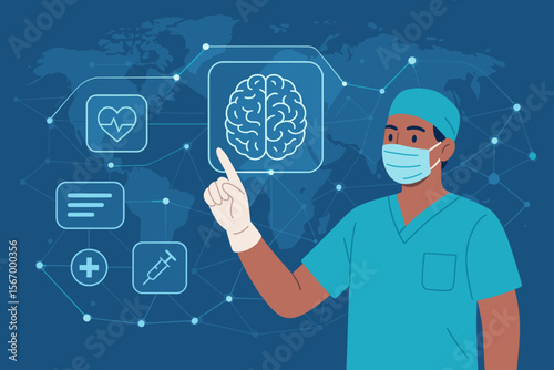 Surgeon doctor diagnoses brain scan on virtual screen interface. Concept of medical technology, innovation, and global healthcare network. Neurology and telehealth analysis concept.