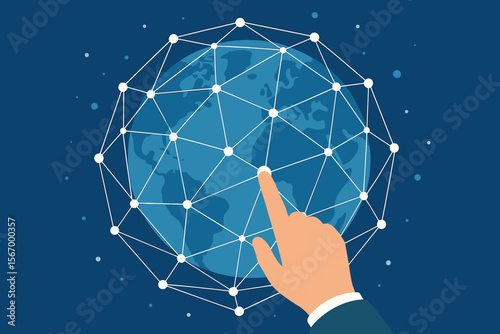 Businessman hand touching global network connection. Concept of worldwide business, internet technology, big data, and communication. Social media and data science vector illustration.