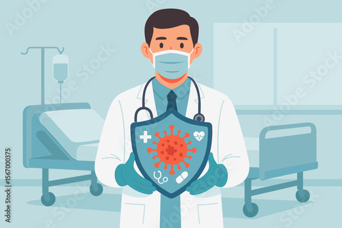 Healthcare and medical concept. Doctor with face mask and gloves holds a shield to protect from coronavirus. COVID-19 pandemic prevention. Healthcare worker in hospital. Vector.