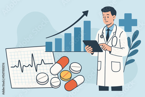 Medical doctor analyzing healthcare business growth on a tablet. Concept for pharmaceutical industry finance and success. EKG cardiogram report with pills and medication. Health tech.
