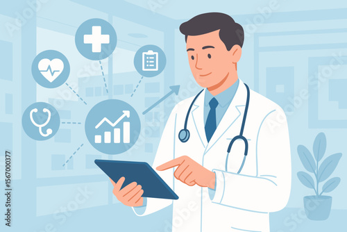 Healthcare business and medical technology concept. A doctor uses a tablet for patient data analysis and hospital management. Digital health, EMR, growth chart, and health insurance.