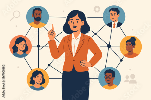 Human Resources HR management concept. Businesswoman leader managing diverse staff network. Recruitment, hiring process, and talent acquisition. Corporate team structure and organization.