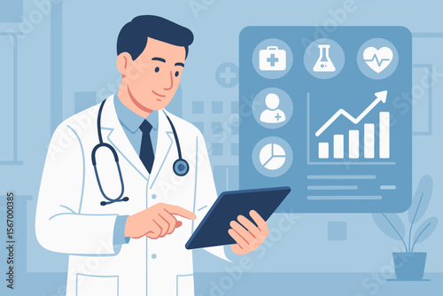 Healthcare business and medical examination. Doctor uses tablet for patient data analysis. Digital interface with medical icons, health records, and growth chart. Medtech concept.