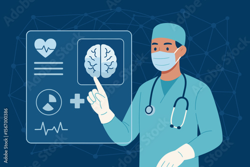 Surgeon doctor diagnoses brain scan on a futuristic virtual screen interface. Concept for healthcare, medical technology, science, innovation, and neurology. Holographic data analysis.