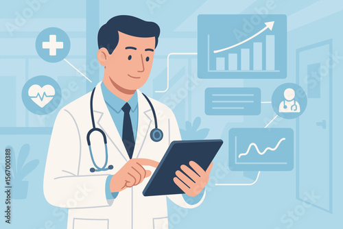 Doctor using a tablet for medical data analysis and managing electronic health records (EHR). Healthcare technology concept with icons, charts, and graphs in a modern hospital.