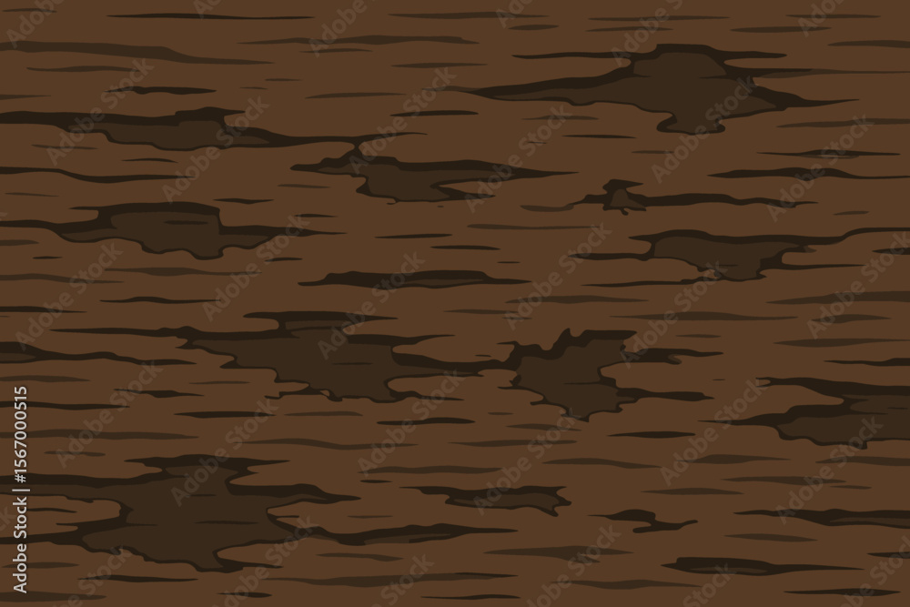 Seamless dark brown rotten wood texture background. Decayed timber bark pattern. Cartoon flat vector illustration for rustic surface, natural plank, damaged lumber, old tree, organic material design