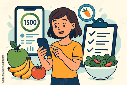 Healthy Lifestyle Nutrition Tracking App Vector. Calorie Counting, Meal Planning, Food Diary, Fruits, Vegetables, Checklist, Smartphone, Balanced Diet, Wellness Management, Cartoon Illustration