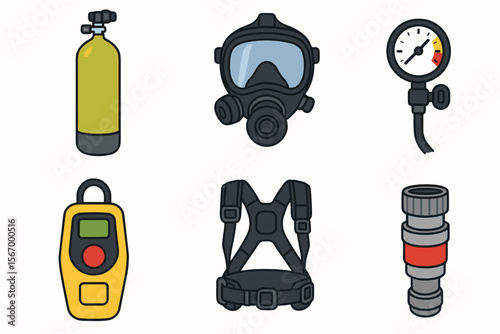 Scuba diving gear set: oxygen tank, mask, pressure gauge, dive computer, harness, snorkel