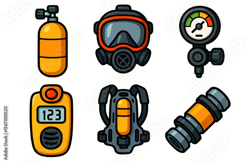 Scuba equipment set with diving tank, mask, regulator, and gauge