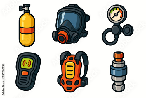 Colorful diving equipment icons collection with scuba tank, mask, and regulator