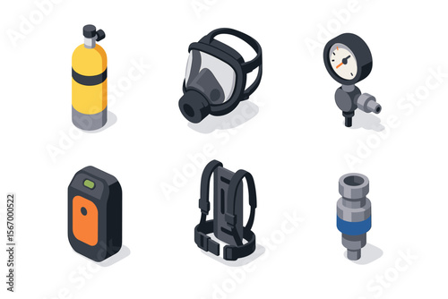 Isometric dive gear icons: oxygen tank, gas mask, pressure gauge, dive computer, harness, regulator