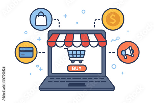 Online shopping concept illustration. Open laptop storefront with shopping cart, buy button, payment card, money, marketing megaphone icons. Digital e-commerce, internet retail business vector