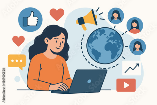 Social Media Marketing Strategy Concept. Woman Using Laptop for Global Online Communication, Influencer Engagement, Digital Content Creation, Networking, Analytics, Social Interaction, Promotion