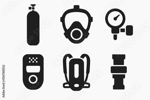 Scuba diving gear icons set: tank, mask, gauge, detector, backpack, clamp