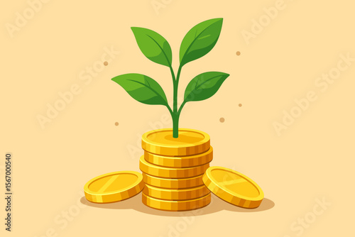 Money growth investment concept. Green plant sprouting from stack of gold coins. Financial success, wealth accumulation, savings, prosperity, economic growth, investment profit. Vector illustration