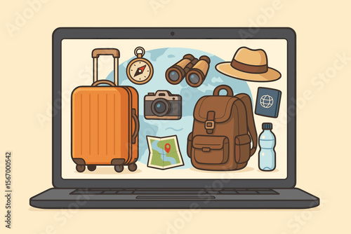 Travel planning concept with suitcase, backpack, passport, map, camera, compass, binoculars, hat, water bottle on laptop screen. Vacation preparation equipment. Adventure tourism vector illustration