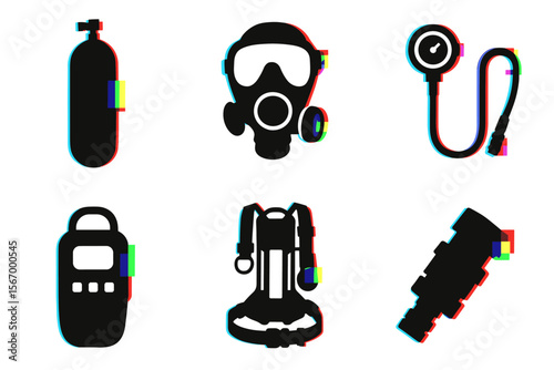Silhouette of scuba diving equipment with abstract color accents