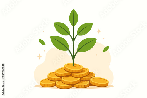 Money growth investment concept. Green plant sprouting from pile of gold coins. Financial success, wealth, savings, profit, economic prosperity, business growth. Modern flat vector illustration