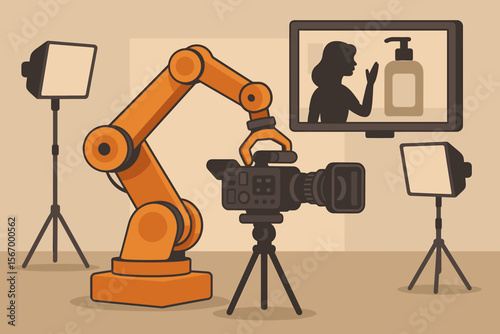 Robotic arm operating professional video camera in film studio, automated movie production, TV commercial shoot, modern cinematography, studio lighting, automation technology concept illustration