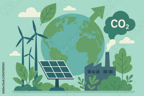 Renewable Energy and Sustainable Development Concept. Reduce CO2 Emissions with Wind Turbines, Solar Panels, Green Technology, Clean Industry, Climate Change, Ecology, Earth Day Illustration
