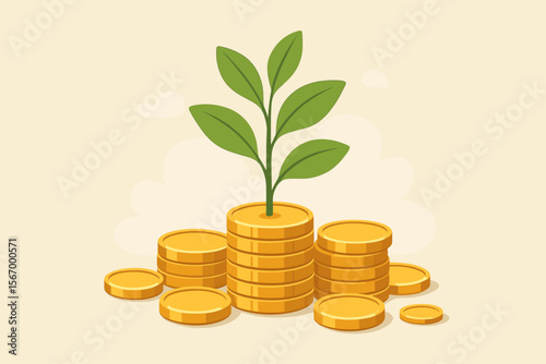 Money growth investment concept. Green plant sprouting from stacked gold coins. Financial success, wealth accumulation, savings, sustainable finance, economic growth. Flat vector illustration.