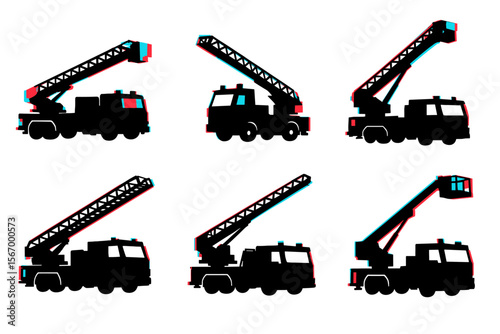 Silhouette of industrial crane trucks with anaglyph effect