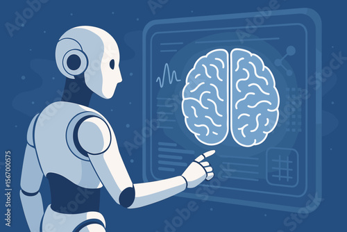 Futuristic Robot Analyzing Human Brain Scan on Digital Interface, Artificial Intelligence Neural Network, Innovative Technology in Science, Medicine, Machine Learning, Data Visualization Vector